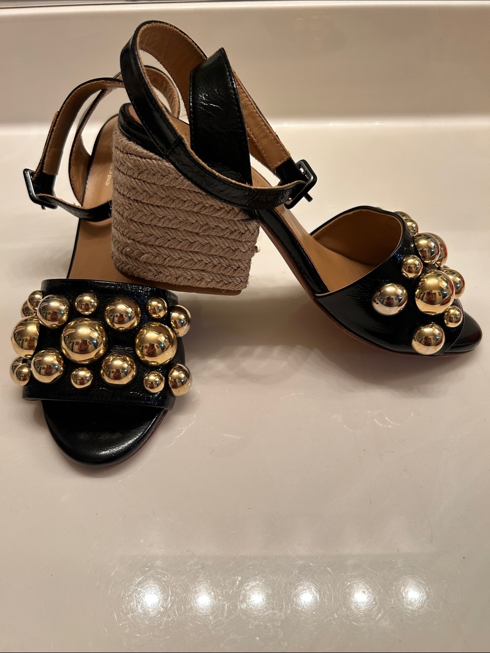 Paloma Barcelo Uma Black Leather Sandals with Gold Orb Studs. Euro Size 37/US 7.